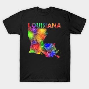 Colorful mandala art map of Louisiana with text in multicolor pattern T-Shirt